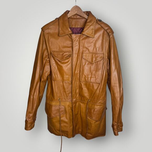 Vintage 1970s Rome Leather Jacket Utility Brown Chore Style Men's Medium - Picture 1 of 9